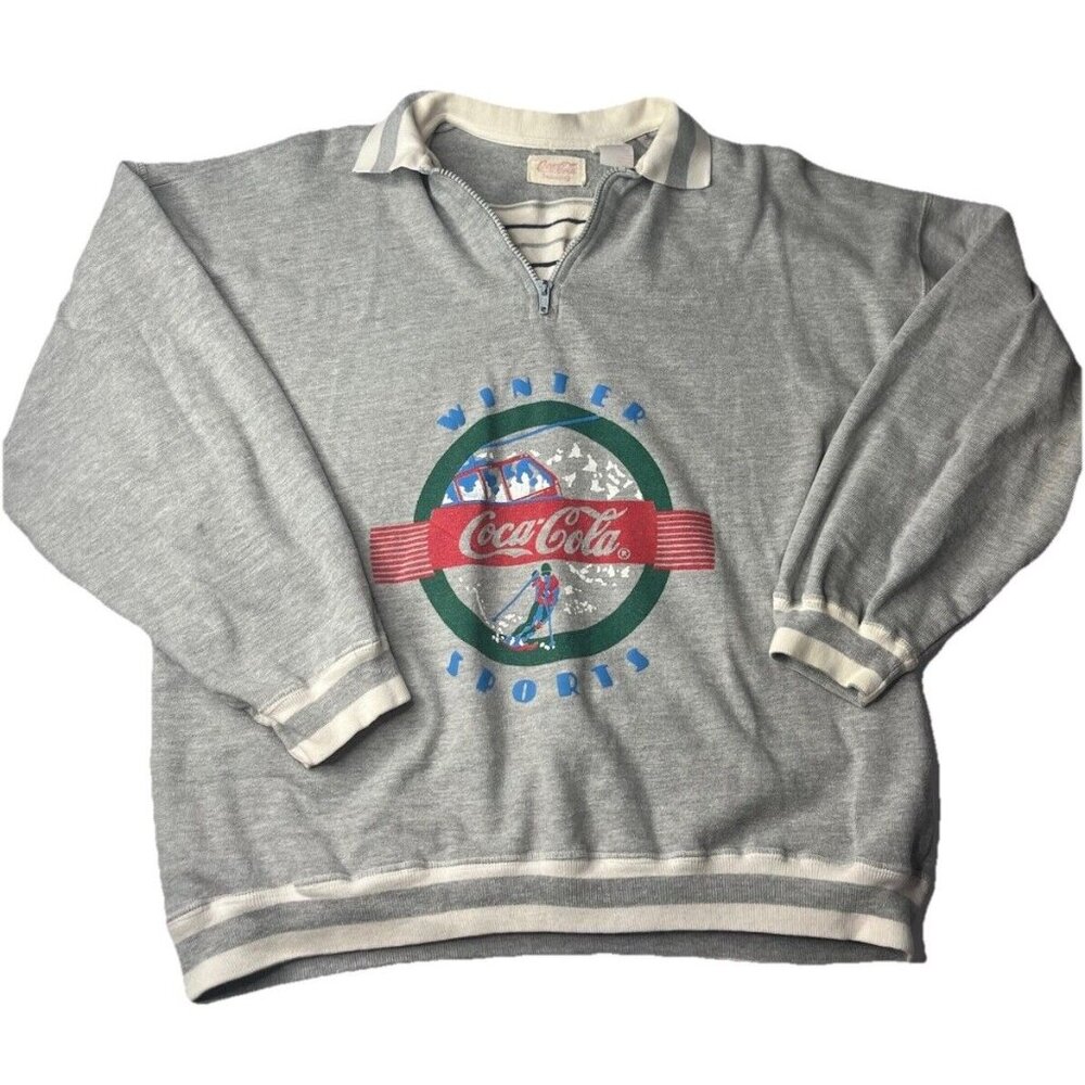 Coca Cola Vtg Pullover Sweater Sweatshirt Zip Size Xl Gray And Red Winter Sports